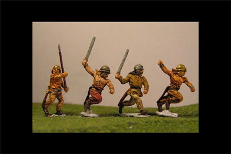 Infantry running with Agen helmets, swords, shields or javelin (3 variants) some with open hands and loose weapons