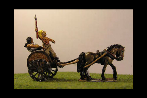 Running light chariot with driver and fighting warrior and 2 horses
