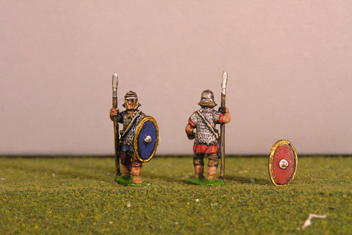 Auxiliary standing with fixed spear. Separate shields included.